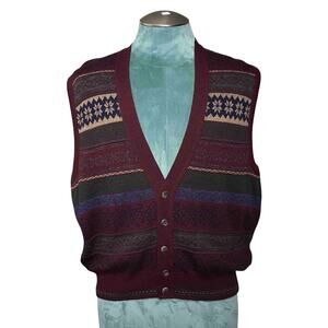 Vintage Murano Fair Isle Button Sweater Vest Sz L Wool Blend Maroon Blue Italy
